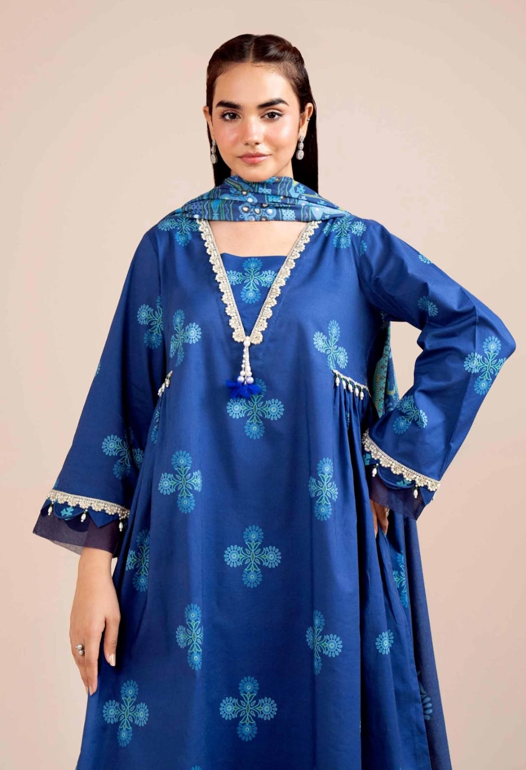 3PC EMBROIDERED MOTIFS IN PRINTED STYLE SHIRT WITH SHAWL AND TROUSER