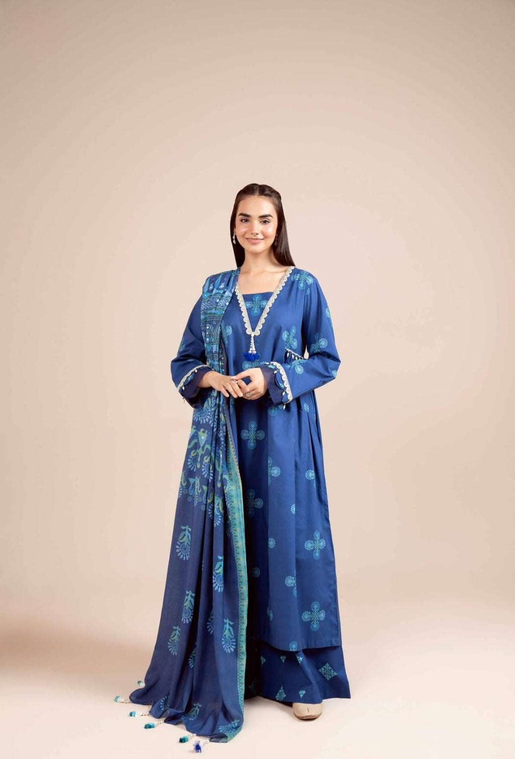 3PC EMBROIDERED MOTIFS IN PRINTED STYLE SHIRT WITH SHAWL AND TROUSER