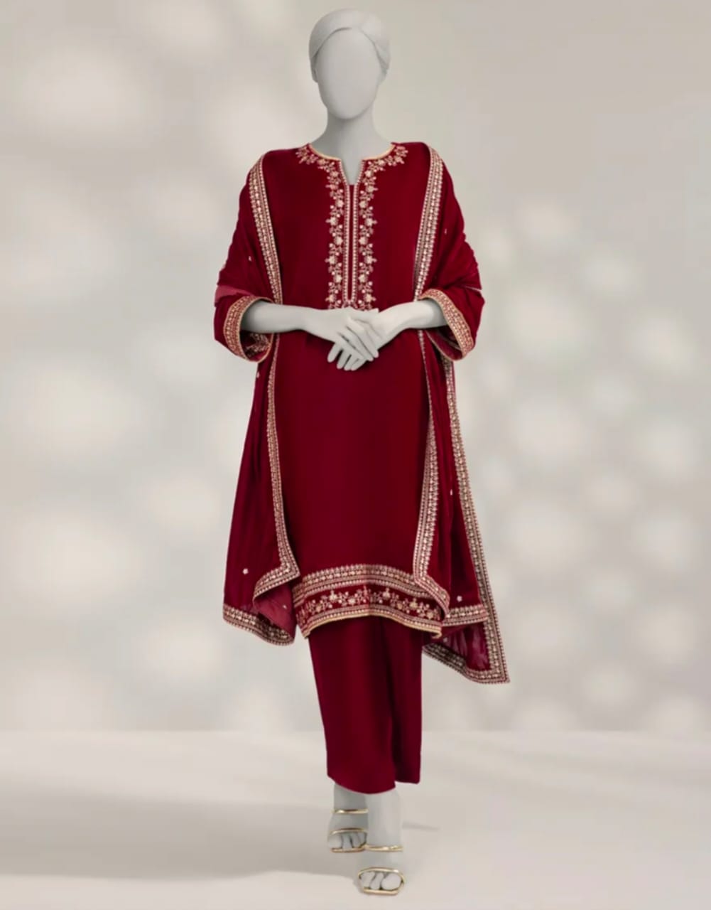 MAROON VELVET EMBROIDERED UNSTITCHED 3PC